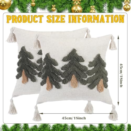 Mixweer 2 Pack Green Tufted Christmas Tree Pillow Covers 18 x 18 Inch Farmhouse Winter Throw Pillowcases with Tassels Green Tree Decorative Cushion Covers for Sofa Couch Holiday Party Home Decor - Image 2