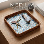 Handwoven Rattan Tray Set of 3 with Mother of Pearl Blue Floral Inlay - Image 6