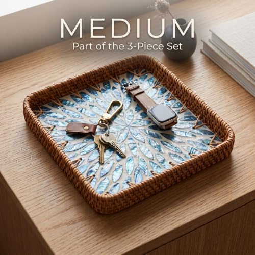 Handwoven Rattan Tray Set of 3 with Mother of Pearl Blue Floral Inlay - Image 6