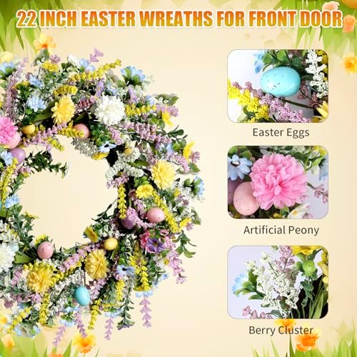 20 Inch Easter Wreath for Front Door Spring Wreath Easter Egg Wreath with Colorful Eggs Hydrangea Daisies Eucalyptus Leaves for Easter Decorations Holiday Wall Home Window Decor (Purple, Large) - Image 5