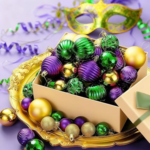 Lunmon 72 Pcs Mardi Gras Christmas Ornaments Green Gold Purple Baubles - Image 2