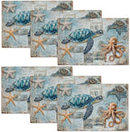 Sea Turtle Octopus Placemats Set of 6 Beach Table Mats Vintage Place Mats Decor Imitation Linen Heat Resistant Ocean Animals Tablecloth for Dining Decoration Kitchen Party Restaurants 12''x18'' by gkmaolt