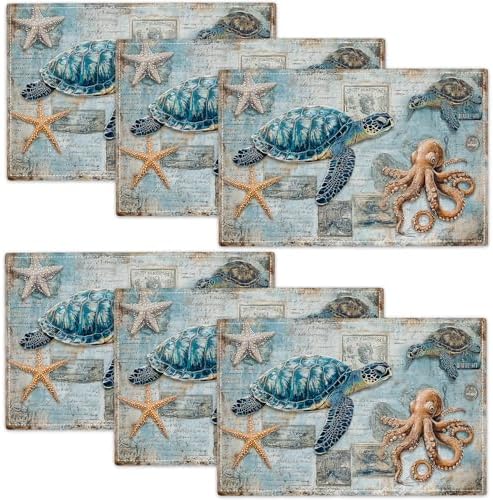 Sea Turtle Octopus Placemats Set of 6 Beach Table Mats Vintage Place Mats Decor Imitation Linen Heat Resistant Ocean Animals Tablecloth for Dining Decoration Kitchen Party Restaurants 12''x18'' by gkmaolt