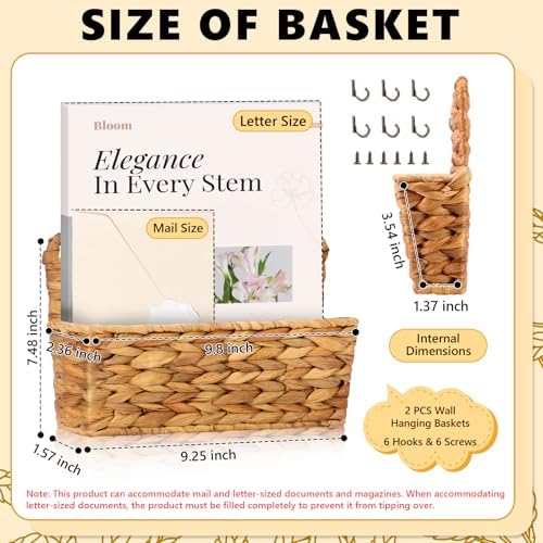 2 Pcs Woven Mail Holder Wall Mount Basket 9.25x1.57 Inch Rattan Wall Letter Holder Wicker Wall Basket Storage Water Hyacinth Hanging Storage Basket with Hooks for Mail Envelope Office - Image 2