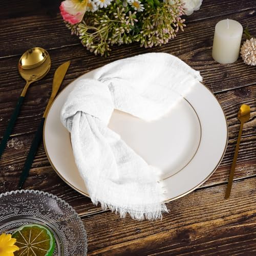 Pesonlook 60 Pcs White Cotton Linen Napkins with Fringe, 16x16 Inches - Image 6