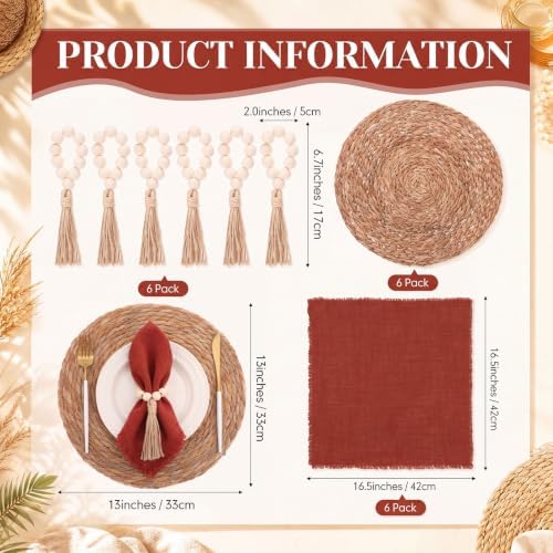 Fanfanwin Set of 6 Boho Woven Placemats with Rust Red Napkins, 13 in - Image 2