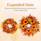 20" Sunflower Fall Wreath for Front Door Outside with Maple Leaves & Berry - Image 3