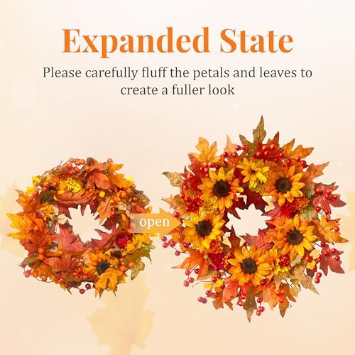 20" Sunflower Fall Wreath for Front Door Outside with Maple Leaves & Berry - Image 3