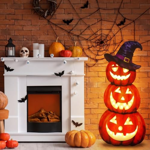 Vercraft 35" Halloween Stacked Pumpkin Door Sign with Witch Hat LED Light - Image 5