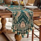 Floral Chenille Table Runner 72" Non-Slip with Tassels, Green by keemir