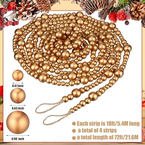 4 Pcs Christmas Tree Wood Bead Garland, 18 ft Each, Gold - Image 2