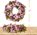 BOMAROLAN Artificial Peony Flower Wreath 19Inch Vintage Blooming Silk Peonies Spring Summer Fall Winter Large Wreaths Flower Green Leaves for Outdoor Front Door Indoor Wedding Wall Or Window Décor - Image 7