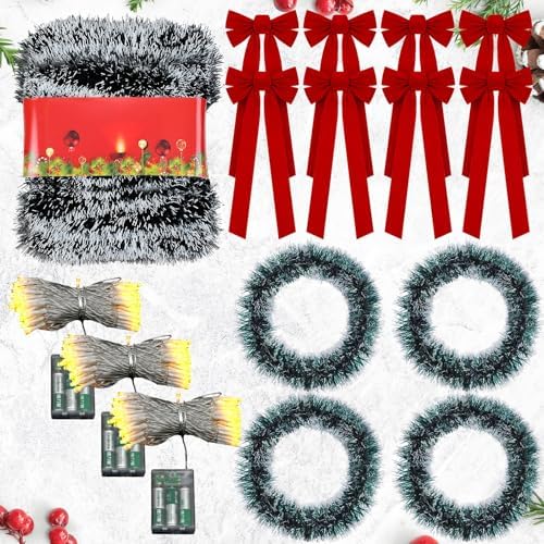 Riceshoot 50 Feet Christmas Garland with Lights 8 Red Bows Outdoor Fence - Image 3