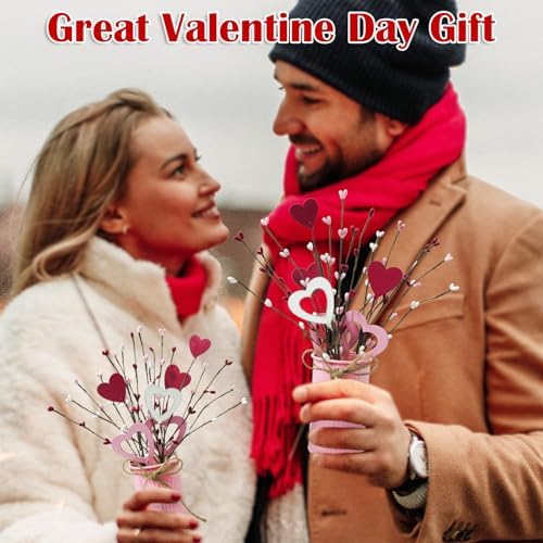TORONTOKYO Valentines Day Decor, 6 Pack Valentine's Day Artificial Potted Plant Heart Shaped Valentines Day Picks with Berries Metal Pot for Home Office Table Centerpiece Decor - Image 7