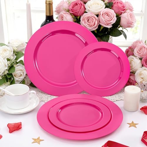 FLOWERCAT 60PCS Hot Pink Disposable Party Plates Set – 30 pcs 10.25″ Dinner Plates & 30 pcs 7.5″ Dessert Plates for Spring Parties, Valentine’s Day, Wedding – Sturdy & Stylish Tableware - Image 5