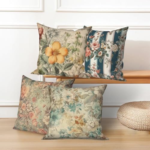 Vintage Printed Throw Pillow Covers 22''x22'' Set of 4, Colorful Flowers Pillowcases Rustic Decorative Floral Cushion Covers for Couch Sofa Bedroom Farmhouse Livingroom Garden Patio Car - Image 5