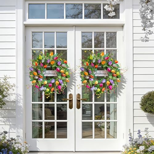 Summer Spring Wreaths for Front Door 26 Inch, Tulip Spring Summer Wreath with Welcome Sign, Artificial Floral Spring Door Wreath for Outdoor Front Door, Farmhouse Seasonal Summer Wreath - Image 6