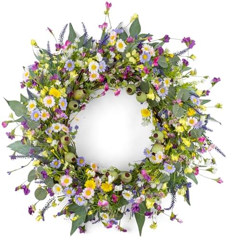 Yawwind 22 Inches Summer Wreaths for Front Door Green Spring Floral Wreath Summer Door Wreath Wildflower Wreaths with Lavender Daisy for Indoors Windows Porch Wall Outside All Season by Yawwind