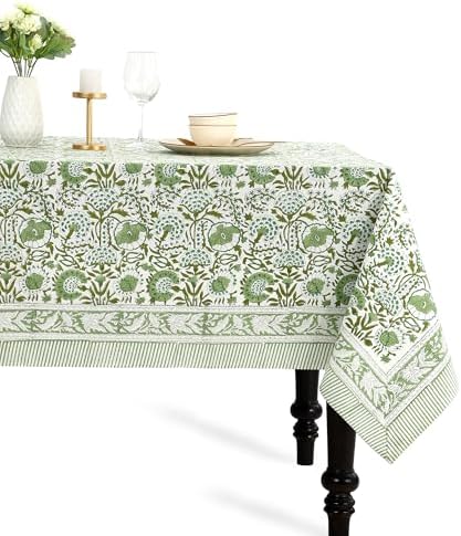 CPC Agate Green Block Print 100% Cotton Rectangle Tablecloth 60x108 Inch by COTTONPRINTCLUB