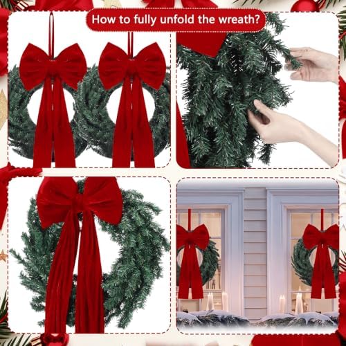 Hotop 2 Pcs 24 Inch Outdoor Christmas Wreath with Large Red Velvet Bow - Image 3
