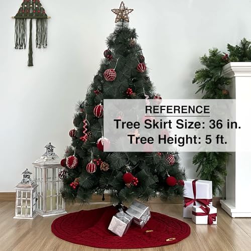 36-Inch Cable Sweater Knit Christmas Tree Skirt with Wooden Toggles, Burgundy - Image 3