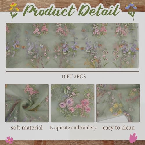 Sage Green Floral Table Runner 10ft Embroidery Tulle Spring Wildflower Table Runner Seasonal Summer Butterfly Kitchen Dining Gauze Decoration for Wedding Baby Shower Birthday Party (3 Pcs) - Image 2