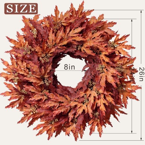 26" Artificial Fall Maple Leaves Wreath for Front Door Decoration (Orange) - Image 5