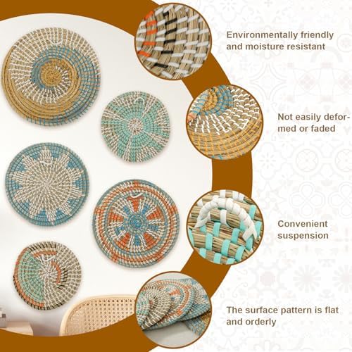 5 Pcs Boho Wall Basket Decor, Hanging Woven Wall Basket Decorative, Rattan Wall Basket Set, Round Woven Hanging Art, Woven Wall Plates Decor for Home Farmhouse Kitchen Table Living Room - Image 4