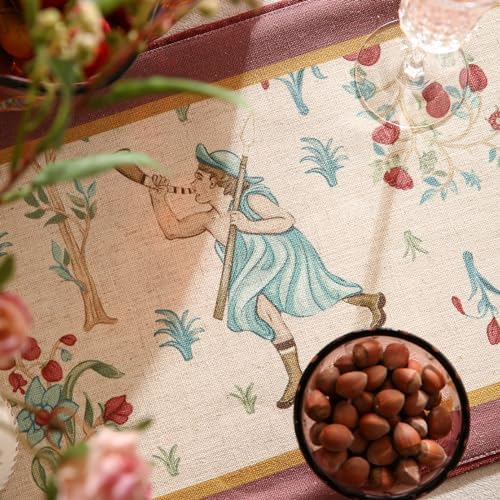 patdrea Designer Idyll Linen Table Runner, Vintage Beige Farmhouse with Ancient Spring Figure and Fruit Trees Pattern Table Mat, Decoration for Kitchen Dining Banquet Christmas ,12"*87" - Image 3