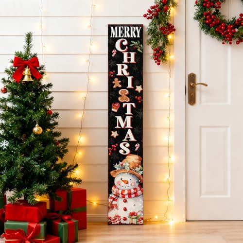 Winter Merry Christmas Welcome Sign for Front Door with Hanging Rope, 47" Farmhouse Cute Vertical Snowman Welcome Sign for front porch, Rustic Large Tall Wooden Porch Leaner Home Outdoor Decor - Image 2