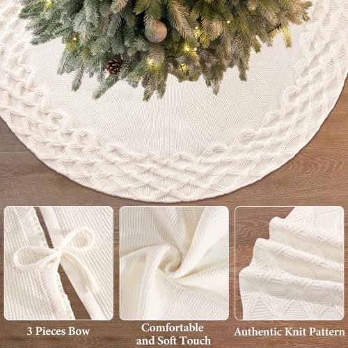 TOCHGREEN White Knitted Christmas Tree Skirt 48inch Chunky Knit Tree Skirt - Image 4