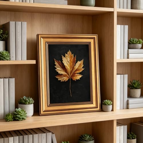 Gold Framed Maple Leaf Canvas Wall Art 3D Texture Dark Plant Maple Leaf painting Decor Picture Moody Yellow Poster Prints for Living Room Classroom Bedroom office corridor bathroom Decoration - Image 3