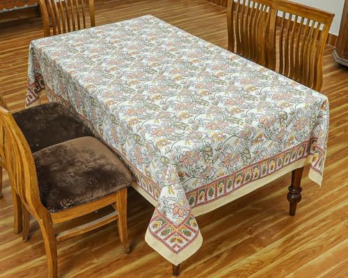 72x135 Inches Rectangle Hand Block Printed Cotton Tablecloth, Green White Floral Table Cloths Washable, Indian Table Linen For Halloween Christmas Outdoor Thanksgiving Gifts Home Decor Dinning Outdoor - Image 3