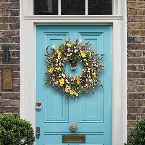J'FLORU Spring Wreath 24 Inch Summer Wreaths for Front Door Artificial Flower Wreath with Daisy and Lavender for Indoor Outdoor and Easter Celebration - Image 5