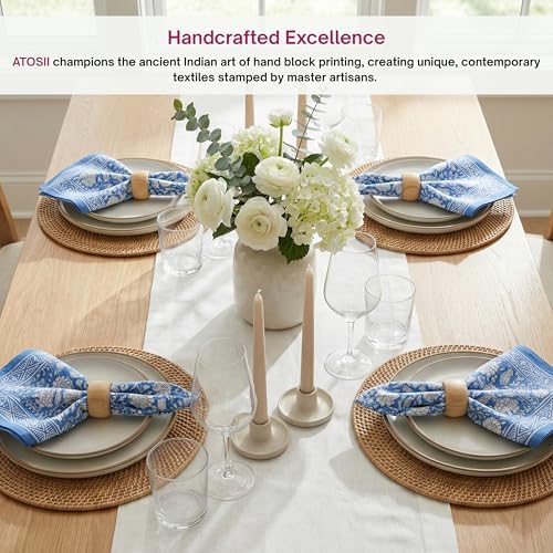 ATOSII Azora Blue 100% Cotton Fall Cloth Designer Dinner Napkins, Handblock Print, Washable Durable Linen for Everyday Use Wedding Parties Outdoors Christmas Thanksgiving I 20 X 20 Inches I Set of 4 - Image 3