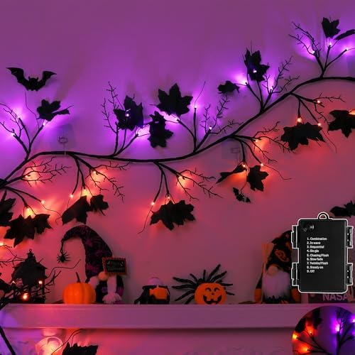 9 FT 72 LED Willow Vine Twig Decor Black Halloween Garland with Orange & Purple Lights, 8 Modes & Timer Waterproof Battery Operated for Home Fireplace Mantle Wall Office Indoor Halloween Decorations by Grastfu