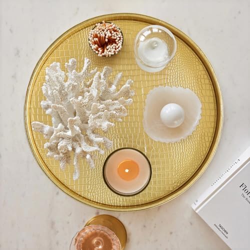 HofferRuffer Round Serving Tray 20'', Elegant Faux Leather Circle Ottoman Table Tray, Serve Tea Coffee Breakfast in Bedroom Living Room Kitchen (Gold, 20") - Image 4