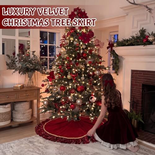 Velvet Christmas Tree Skirt, 48 Inches, 2-Tier Tassels, Red - Image 5