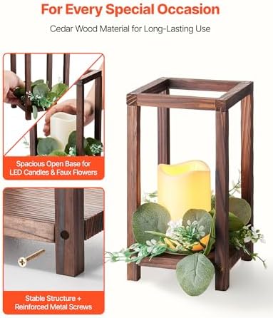 VEVOR 12 Set/36 Pcs Wooden Wedding Lantern Centerpiece, Includes 12 Wooden Lantern Candle Holder 12 Flameless LED Candle 12 Eucalyptus Leaves Wreath for Wedding Table Party Farmhouse Decor, Brown - Image 3