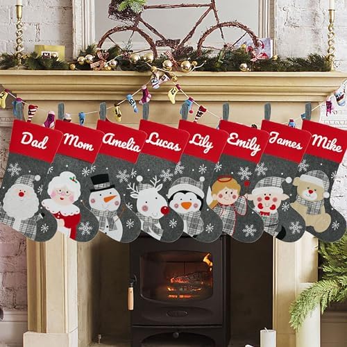 Set of 8, 18" Dia Personalized Gray Christmas Stockings with Embroidery Names, with Holders,Quality Thick Fleece Material Stockings for Family Décor(Set of 8) - Image 6