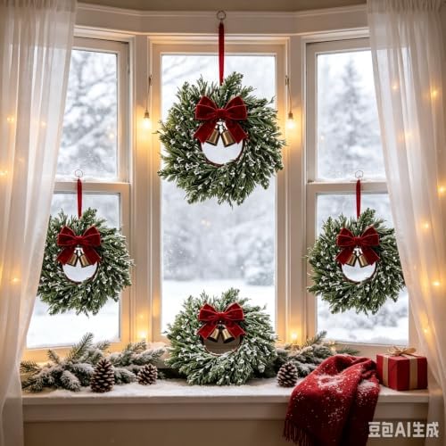 12 Set Christmas Hanging Wreaths Small Snow Flocked Artificial Cedar Wreaths with Red Velvet Ribbon Bronze Bells Mini Faux Greenery Wreath for Front Door Porch Cabinet Window Xmas Holiday Decorations - Image 3