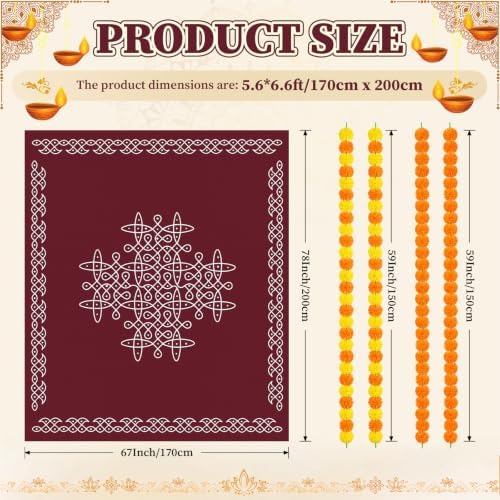 6.5x5.6 ft Indian Pooja Decor Kolam Backdrop, 4 Pcs Marigold Garland, Brown - Image 2