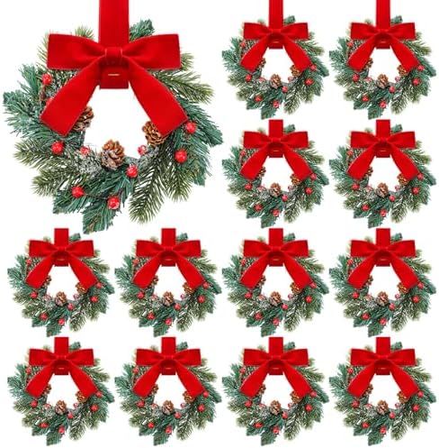 Knitgrip 12 Pcs Mini Christmas Kitchen Wreath with Red Bow Pine Cone Decor by Knitgrip