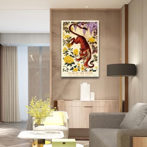 Chinese Lunar Year of the Tiger Art Print – Traditional Oriental Wall Decor with Yellow Peony & Wisteria for Dynamic Aesthetic Home Decoration 20X30 in Black Framed - Image 7