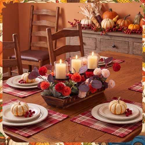 Fall Table Centerpiece Fall Thanksgiving Candle Holder with 3 Candle Holders and 3 Glass Cups, Artificial Chrysanthemum and Eucalyptus Leaves Harvest Table Centerpiece - Image 3