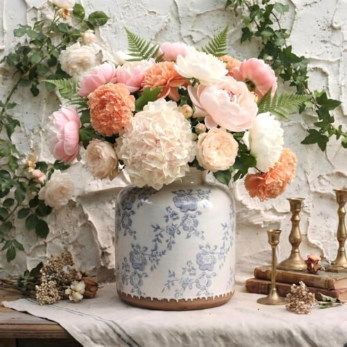 Ronasip Blue Camellia Chinoiserie Vase, 6.2” Crackled White Ceramic Vase with Antique Distressed Edges, Hand-Painted Vintage Floral Vase for Home Decor, Farmhouse Table Centerpiece (Blue, 6.2") - Image 3