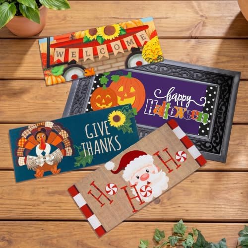 Evergreen Sassafras Fall Christmas Holiday Doormat Insert Bundle & Tray Set of 5, Interchangeable Entrance Door mats Indoor and Outdoor Welcome Mat 30 x 18 Tray Non Slip Backing Low Profile by EvergreenFlag
