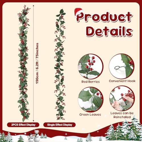 Findosom Total 12.4FT Christmas Garland for Mantle, 2PCS Flexible Red Berry Garland with Leaves, Artificial Garlands for Decoration Christmas Fireplace Indoor Outdoor Home Stairs Holiday Decor - Image 3