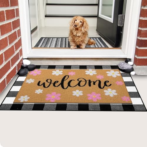 Tinideya 2 Pcs Spring Door Mat Outdoor Layered Pink Flower Welcome Mat - Image 5