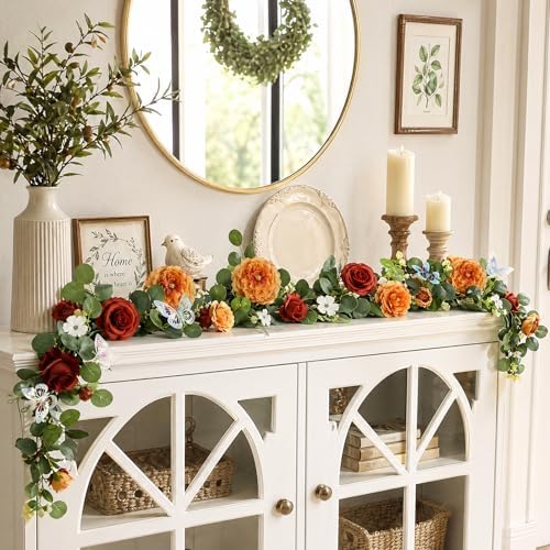 Realistic Artificial Eucalyptus & Rose Garland, 2-Pack, Orange - Image 3